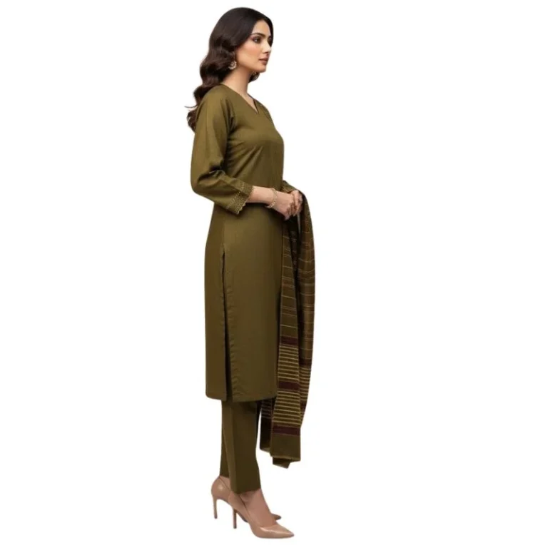 Olive Green Winter Sussi Silk 3-piece suit fabric unstitched