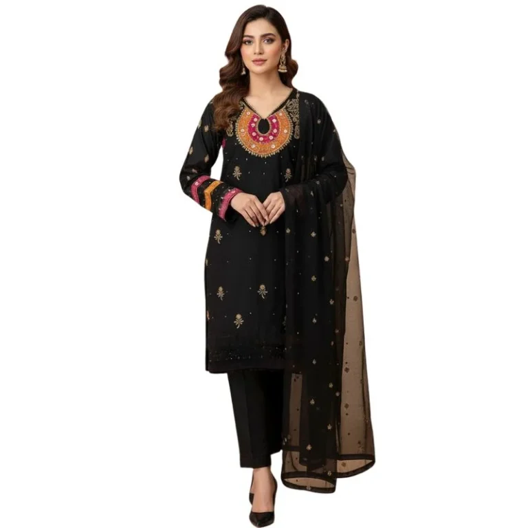 Organza 3-piece unstitched suit with heavy Aari Zari beads embroidery front view