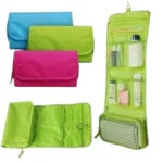 Front view of roll-up hanging cosmetic and toiletry organizer bag