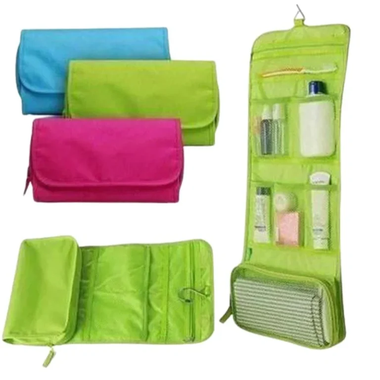 Front view of roll-up hanging cosmetic and toiletry organizer bag