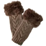 Brown women’s fingerless knitted gloves with faux fur wrist detail