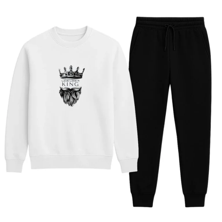 Front view of white LIVE LIKE A KING printed sweatshirt