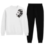 Front view of white winter tracksuit sweatshirt and trousers with LION print