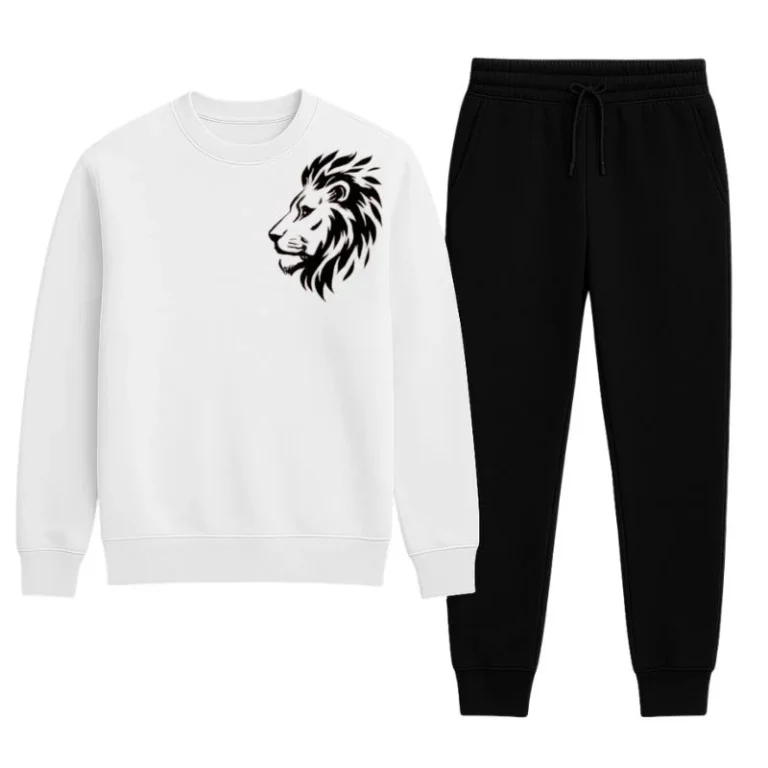 Front view of white winter tracksuit sweatshirt and trousers with LION print