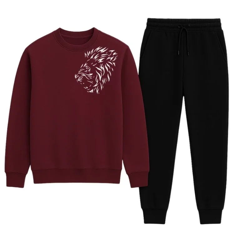 Front view of maroon LION printed tracksuit sweatshirt and trouser