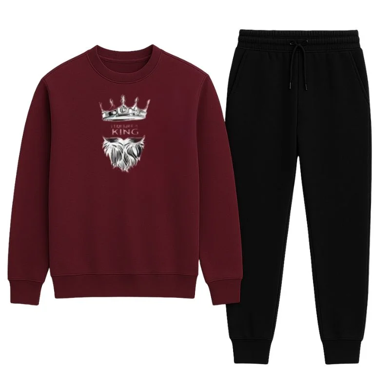 ProductImage86_1761993824.webp Front view of maroon LIVE LIKE A KING printed sweatshirt with black trousers
