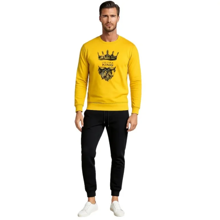 Front view of yellow LIVE LIKE A KING printed sweatshirt