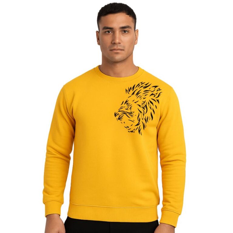 Front view of LION printed yellow tracksuit sweatshirt and trouser