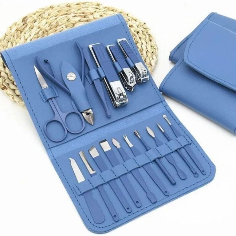 16-piece stainless steel manicure pedicure set with leather case open