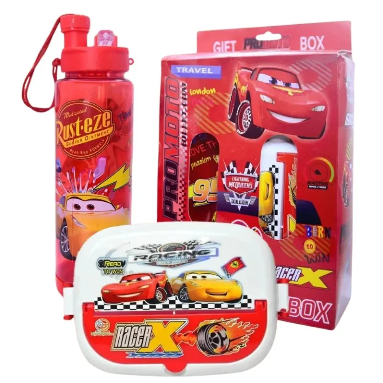 Kids lunch box and water bottle set with cartoon design front view