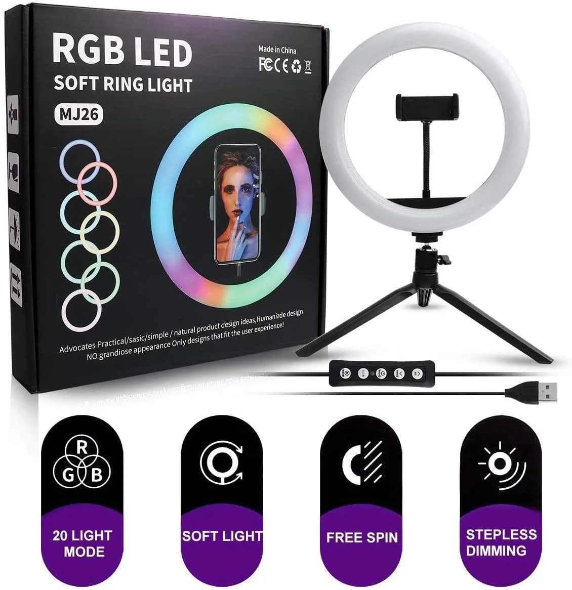 RGB-Led-Soft-Ring-Light_1748121159.webp MJ26 26cm RGB LED ring light with tripod and phone holder setup
