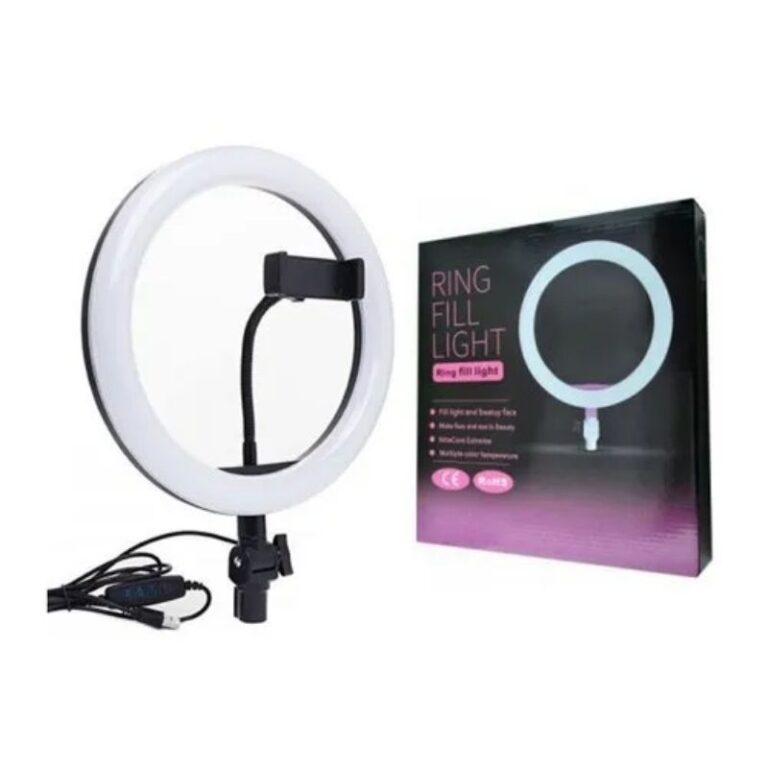 Close-up of 10-inch LED ring light with adjustable angle handle