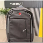 Front view of Dell gray laptop backpack with multiple compartments