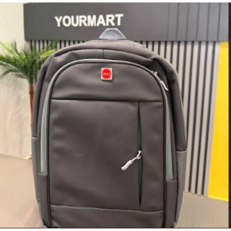 Front view of Dell gray laptop backpack with multiple compartments
