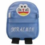 Front view of plush Doraemon kids backpack with embroidered details