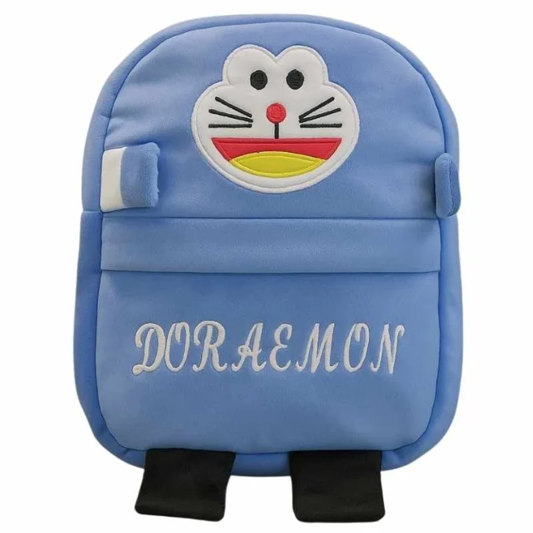 Front view of plush Doraemon kids backpack with embroidered details