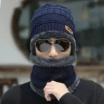 Blue and gray wool winter cap and neck warmer set front view