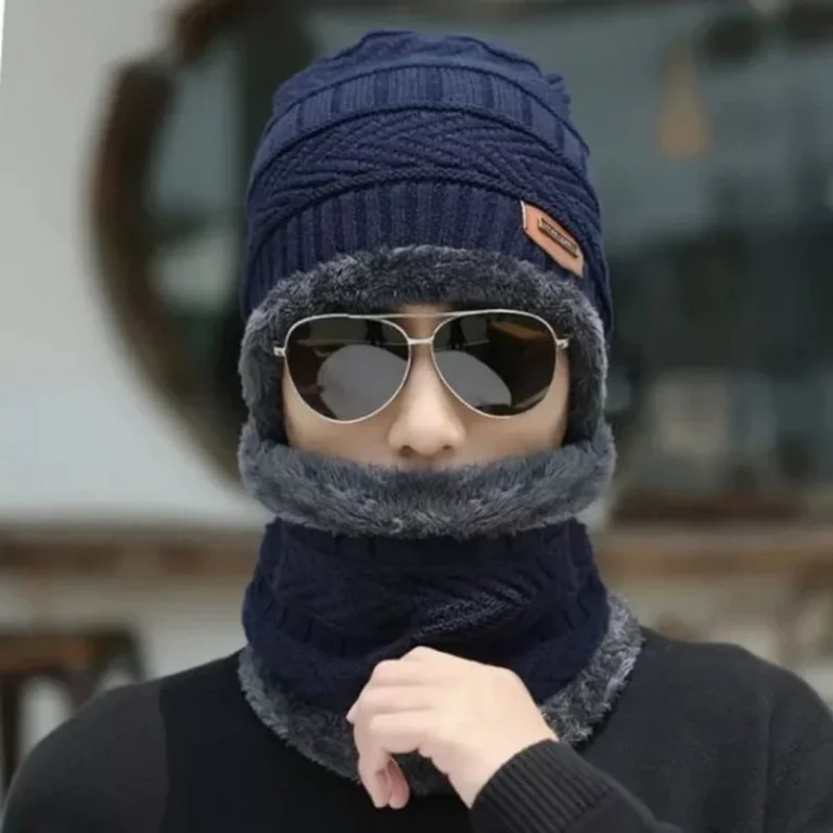 Blue and gray wool winter cap and neck warmer set front view