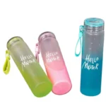 front view of pink frosted 400ml glass water bottle with Hello Master logo
