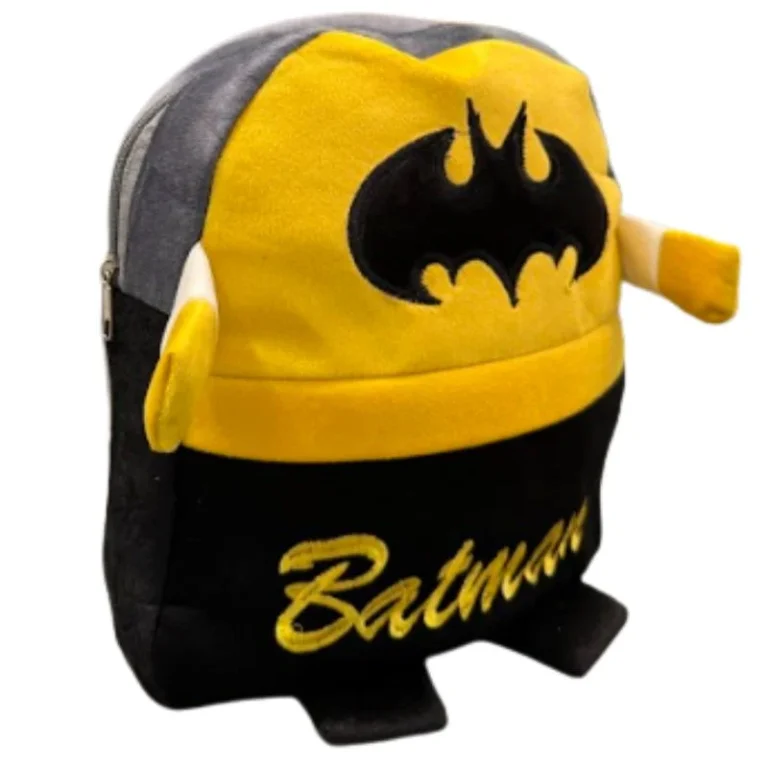 Front view of soft plush Batman backpack for kids