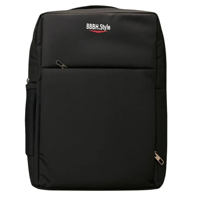 Slim black business laptop backpack front view with multiple pockets