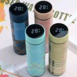Smart stainless steel water bottle with LED temperature display lid front view