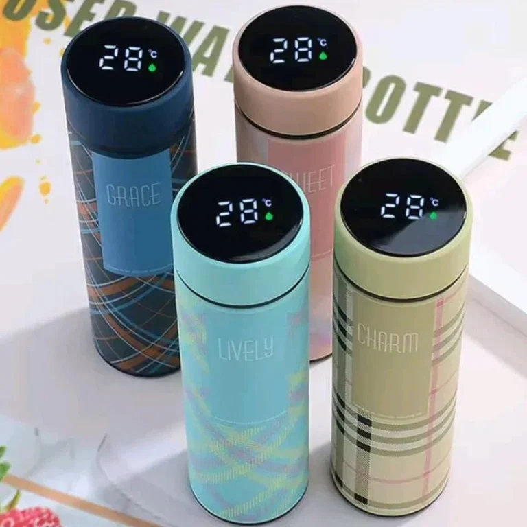 Smart stainless steel water bottle with LED temperature display lid front view