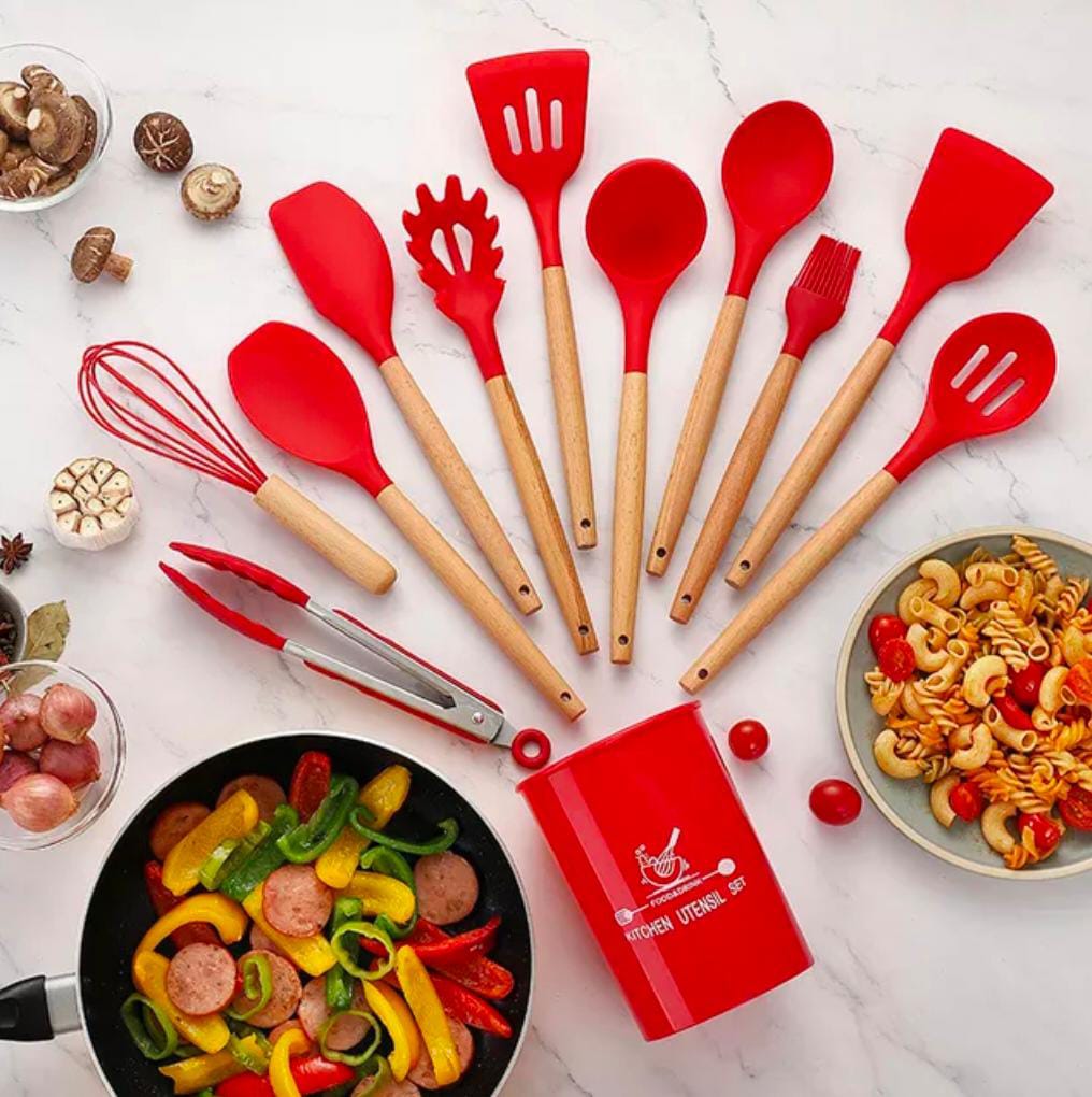 WhatsApp-Image-2023-11-21-at-1.10.21-AM.jpeg 12 Pcs Silicone Cooking Utensils Kitchen Utensil Set | Heat Resistant Kitchen Non toxic Spatula Set with Turner Tongs,Spoon,Brush,Whisk-Wooden Handle - Random Color - Image 1