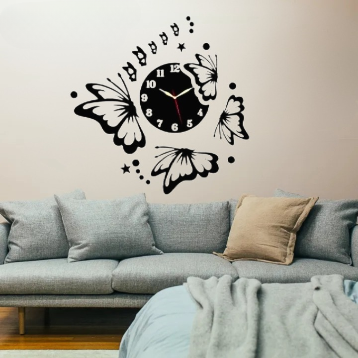 3D wooden butterfly wall clock hanging on wall