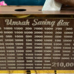 Wooden Umrah saving box with Islamic motifs front view
