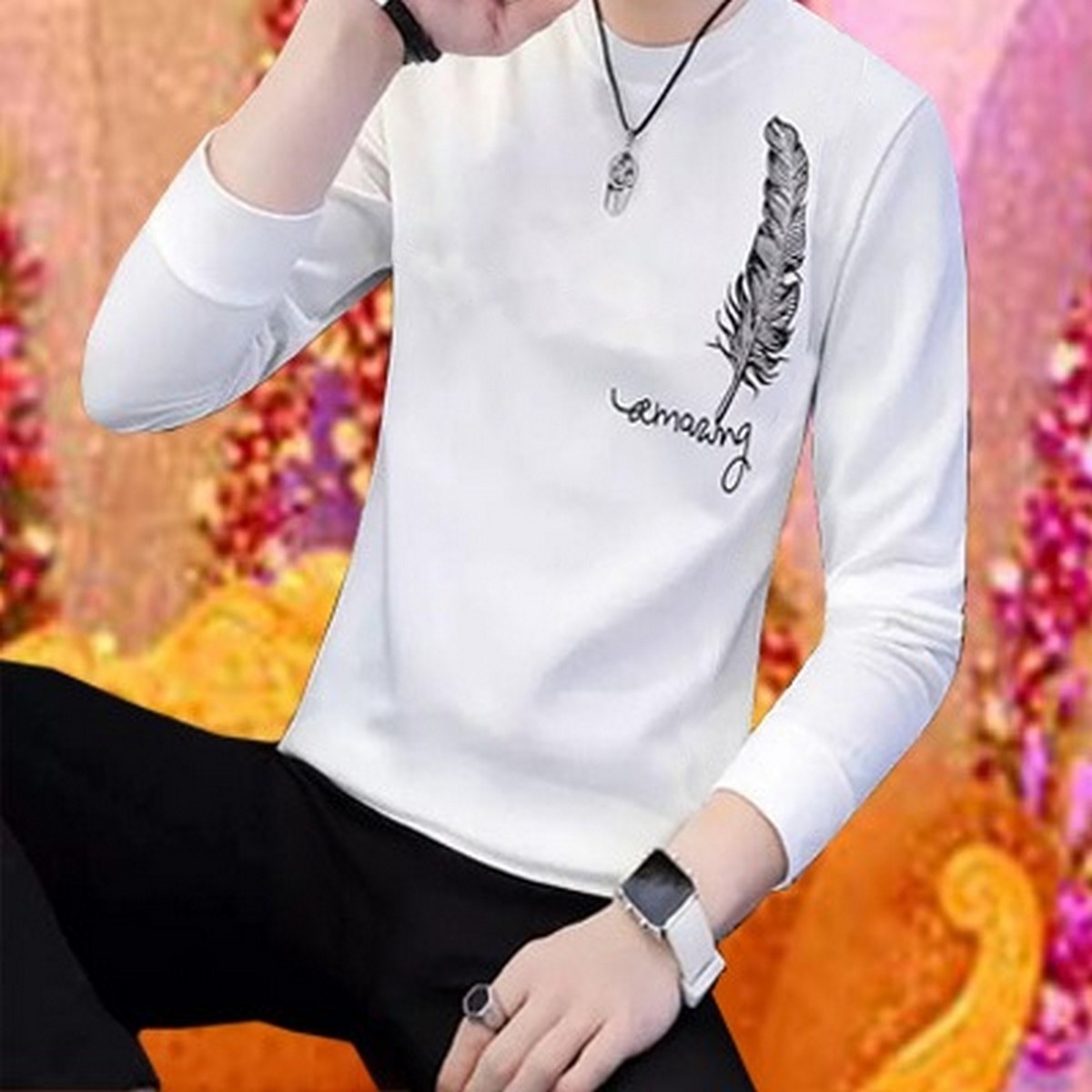 WhatsApp-Image-2025-05-21-at-5.24.23-PM-1.jpeg Men's Stylish Leaf Print Full Sleeves T-Shirt - Latest Designer Summer Collection | Premium Stitched Party & Casual Wear for Him - White - Image 1