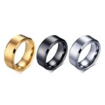 Set of three gold and silver plated unisex band rings displayed