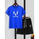 Blue half sleeves printed cotton jersey t-shirt with black shorts kids tracksuit