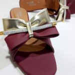 Stylish Maroon Block Heel Slip-On Slippers for Women with Golden Bow and Rhinestone Detailing – Comfortable Daily & Party Wearone perfect pair Stylish | Comfortable | Premium Quality | Slipper | Slipper For Women (With Box)