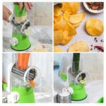 manual tabletop drum grater with three interchangeable stainless steel blades on kitchen counter