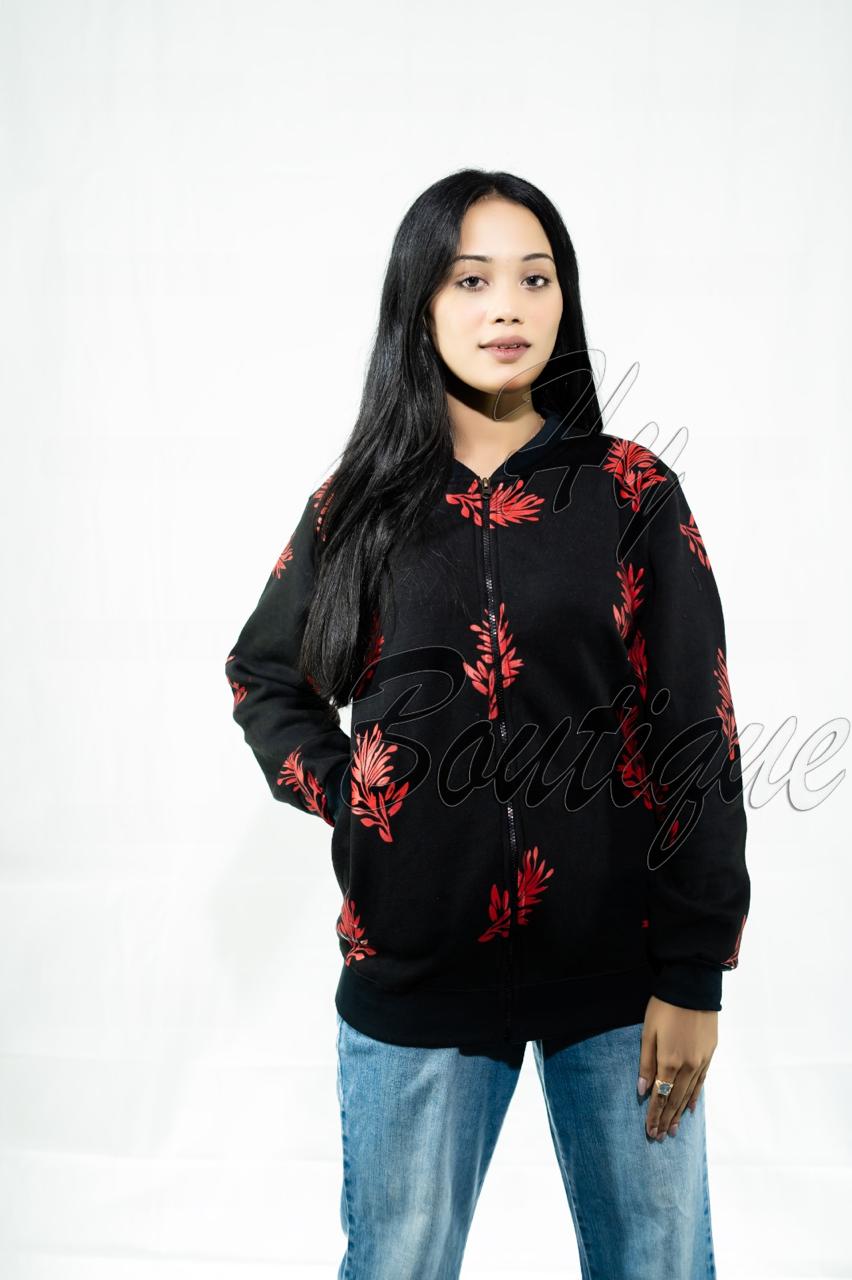 a6b89d29dcedf0ca003dc5f2fab07c81.jpeg Winter Collection Women’s Red Leaf Print Jacket | Stylish & Warm Outerwear | Trendy Winter Fashion for Ladies - Image 1