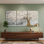 3-Piece Islamic Calligraphy Golden Tree & White Flowers Wall Art – Wooden Sticky Tiles Canvas Painting 8x11 inch each size