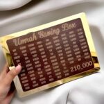 Premium wooden Umrah Saving Box with Islamic design front view