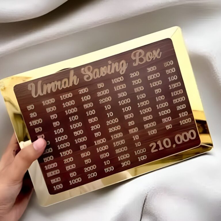 Premium wooden Umrah Saving Box with Islamic design front view