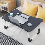 Foldable black laptop table showing closed legs