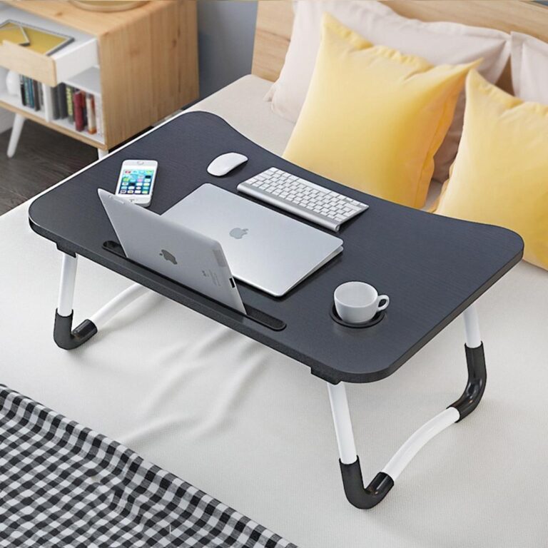 Foldable black laptop table showing closed legs