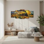 5-Piece Van Gogh Style Steam Train Wall Art – Sunflowers & Starry Night Theme Wooden Sticky Tiles (40x16 Inch Ready Size)