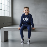 Front view of OK printed fleece sweatshirt and pajama tracksuit for kids
