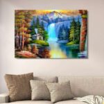 Scenic Mountain Waterfall Wooden Art Frame | Peaceful Forest Cabin Wall Decor |Artistic Nature Painting Piece 12x16 Inches