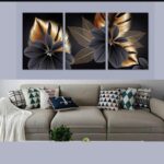 Luxury Floral Wall Art Set – 3 Wooden Frames (8x11”) with Elegant Black & Gold Botanical Design | Easy Wall Mounting with Double Tape