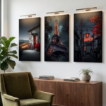 Three-piece wooden wall art set with self-adhesive backing on white wall