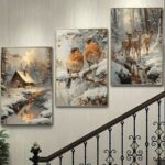 Serene 3-Piece Winter Nature Wall Frame Set – Cabin, Birds & Deer in Snow