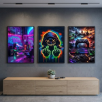 Neon Gaming & Urban Street Art Wooden Wall Frame Set | 3 Pieces Cyberpunk Gamer Room Decor | Modern Sticky Tiles | 8x11 Inch