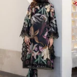 Front view of embroidered black lawn dress with printed chiffon dupatta