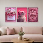 Pink Aesthetic Cat and Floral Wooden Wall Art Frame Set | 3-Piece "Believe in Yourself" Sticky Tiles for Room Decor | 8x11 Inch